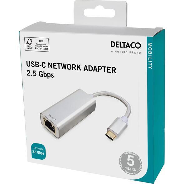 Προσαρμογέας δικτύου Deltaco USB-C DELTACO, 2,5G, αλουμίνιο / USBC-GIGA6