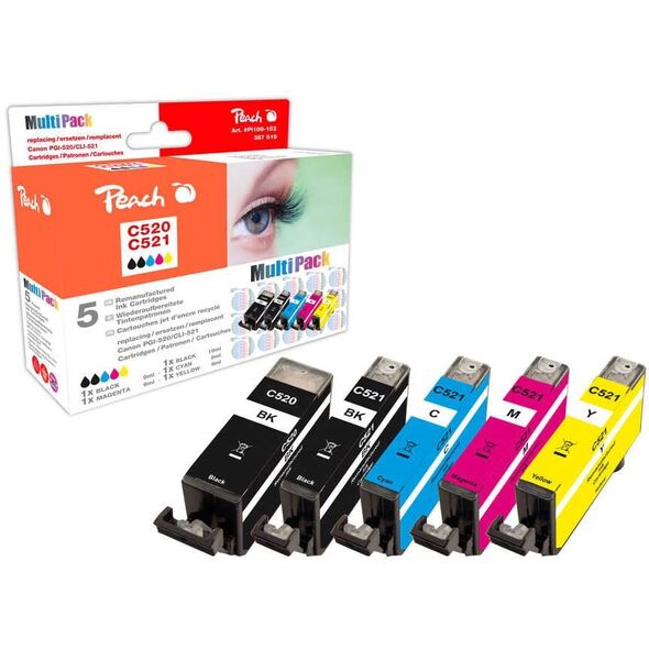 Peach Ανακατασκευασμένο Σετ Canon PG-520/CLI-521 Πολύχρωμο μαύρο, κυανό, ματζέντα, κίτρινο