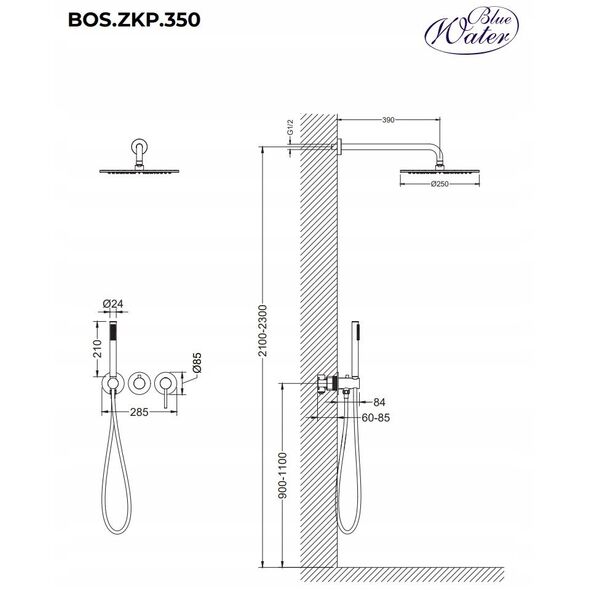 Κρυφό σύστημα ντους BlueWater BOSTON BOS-ZKP.350, μαύρο ματ