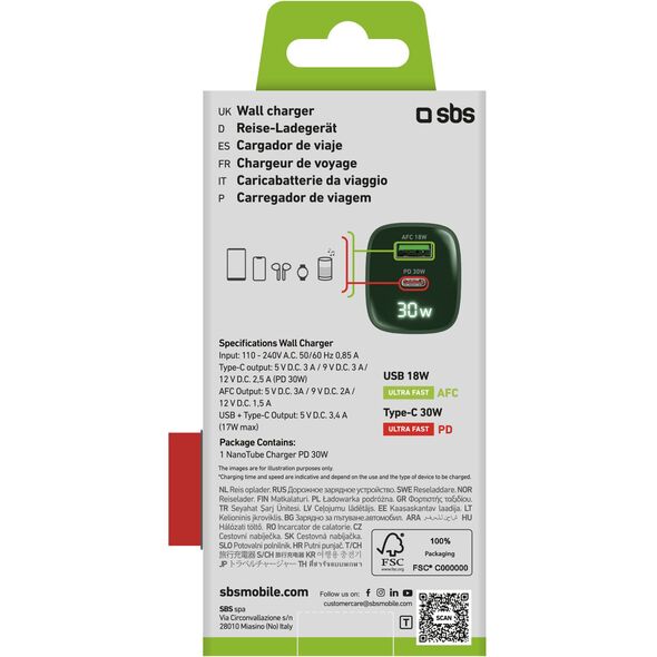 SBS LCD Wall Charger  USB-A  USB-C  LCD  30 W  zala - Ladetajs
