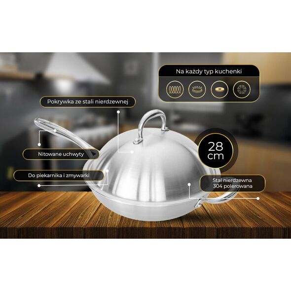 Shiori  Stainless Steel 304 patelnia WOK 28cm x 8,20 cm indukcja