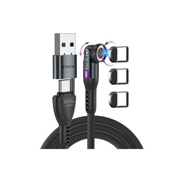 Statik 360 Pro 2.0 - καλώδιο USB-C με προσαρμογέα USB-A και τρία εναλλάξιμα μαγνητικά βύσματα USB-C, 1m (black)