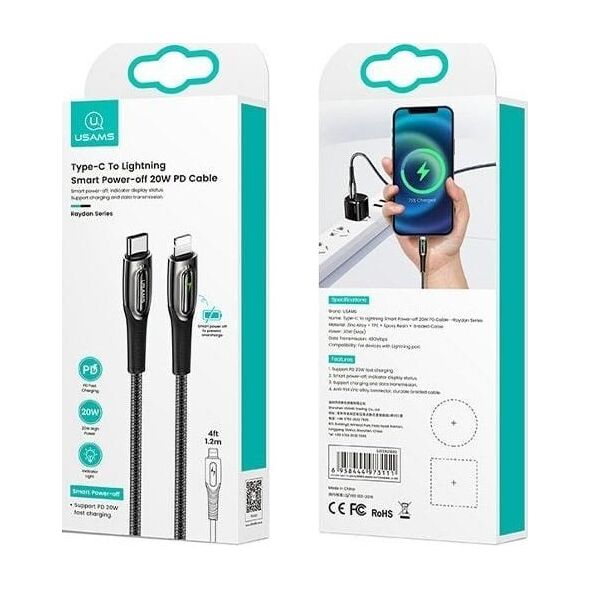 Kabel USB Usams USAMS Kabel pleciony USB-C na Lightning Smart Power-off 20W PD Cable 1.2m ciemny zielony/dark green SJ518USB02 (US-SJ518)