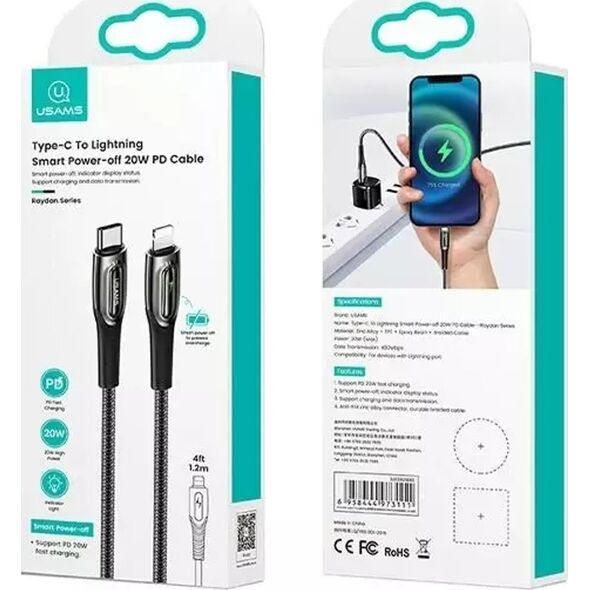 Kabel USB Usams USAMS Kabel pleciony USB-C na Lightning Smart Power-off 20W PD Cable 1.2m czarny/black SJ518USB01 (US-SJ518)