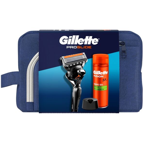 Σετ Gillette ProGlide: ξυράφι + κεφαλή ξυρίσματος, 1 τεμ. + τζελ ξυρίσματος Fusion5, 200 ml + βάση + καλλυντική τσάντα