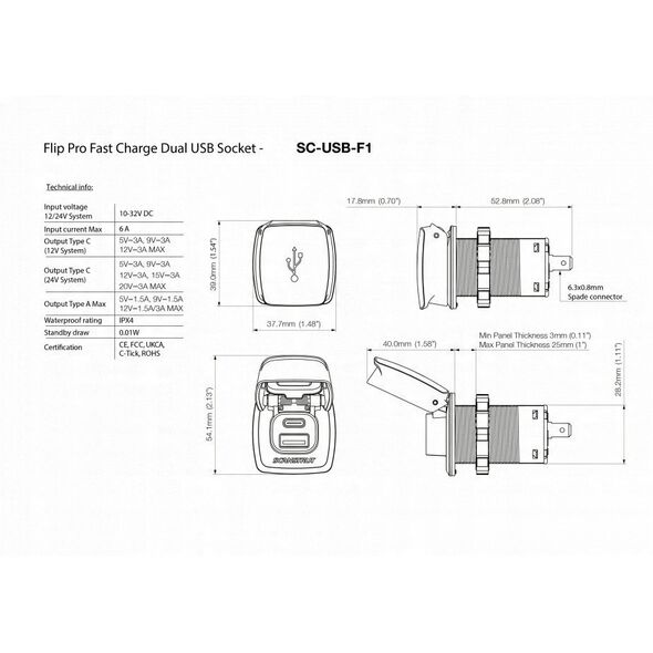 Ładowarka USB-A/C 36W 12/24V Scanstrut SC-USB-F1