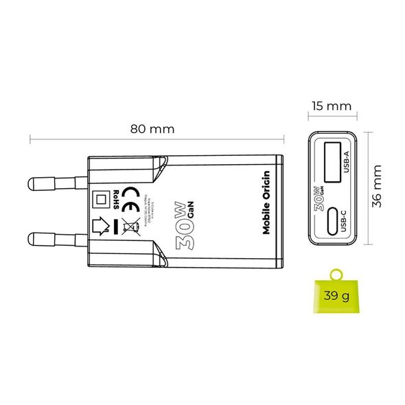 Φορτιστής Mobile Origin GaN 30W Slim MO16 - USB-A + USB-C