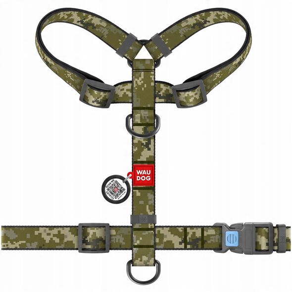 Collar WauDog Nylon Szelki nylonowe anatomiczne w kształcie litery H, z QR-paszportem, plastikowy fastex, wzór MILITARY, rozmiar S 15mm