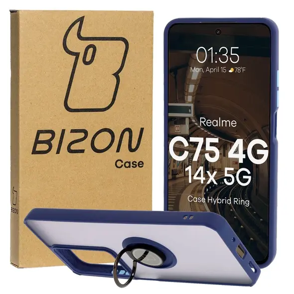 Etui z uchwytem na palec Bizon Case Hybrid Ring do Realme C75 4G / 14x 5G przydymione z granatową ramką