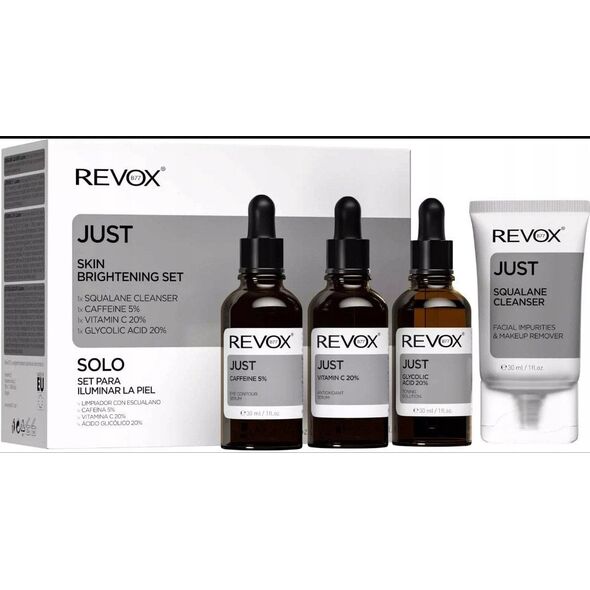Skin Brightening Set Revox B77: Just, Caffeine 5%, Anti-Dark Circles, Day, Eye Serum, 30 ml + Just, Vitamin C 2%, Anti-Oxidant, Serum, For Face, 30 ml + Just, Glycolic Acid 20%, Toning, Serum, For Face, 30 ml + Just, Squalane, Eliminates Impurities, Clean