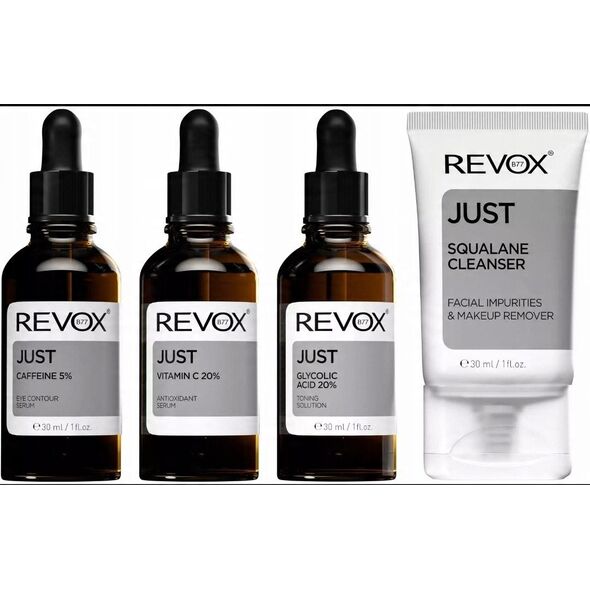 Skin Brightening Set Revox B77: Just, Caffeine 5%, Anti-Dark Circles, Day, Eye Serum, 30 ml + Just, Vitamin C 2%, Anti-Oxidant, Serum, For Face, 30 ml + Just, Glycolic Acid 20%, Toning, Serum, For Face, 30 ml + Just, Squalane, Eliminates Impurities, Clean