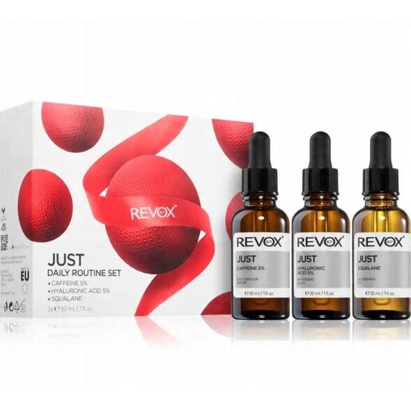 Daily Routine Set Revox B77: Just, Caffeine 5%, Anti-Dark Circles, Day, Eye Serum, 30 ml + Just, Hyaluronic Acid 5%, Hydrating, Fluid, For Face, 30 ml + Just, Squalane, Nourishing, Oil, For Face, 30 ml For Women