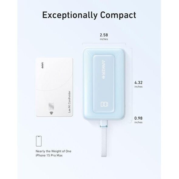 Anker | Power Bank with Built-In USB-C Cable | A1688031 | 10000 mAh | 30W Output | Blue