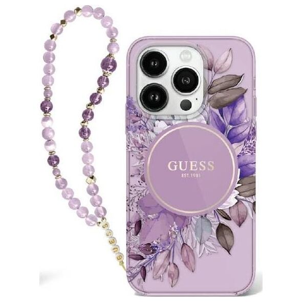 Guess Guess GUHMP16XHFWBRCESU iPhone 16 Pro Max 6.9" fioletowy/purple hardcase IML Flowers With Pearl Strap MagSafe