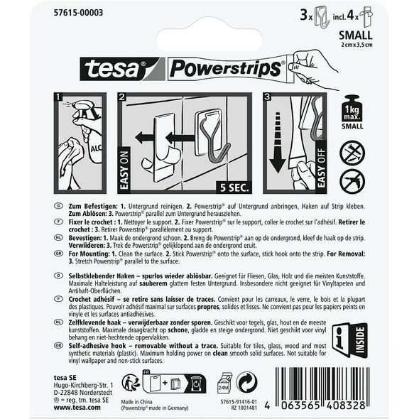 tesa Powerstrips Draht Haken 1kg 3x selbstklebend weiß