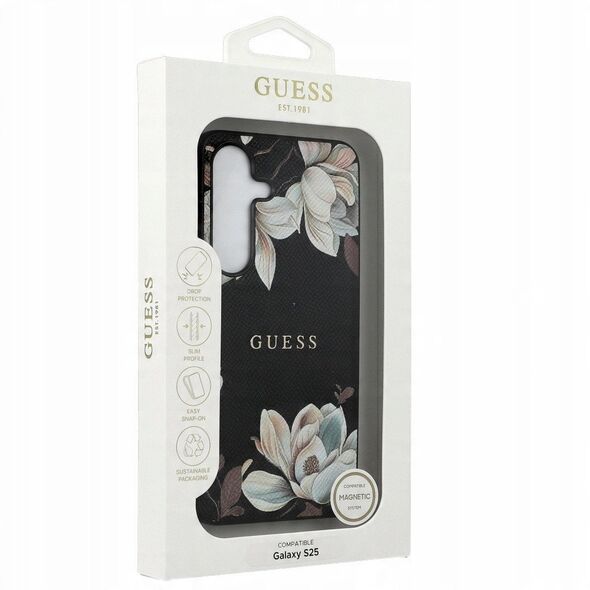 Case Guess Grained Printed Flower Pattern MagSafe for Samsung Galaxy S25 black