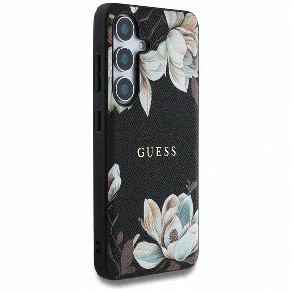Case Guess Grained Printed Flower Pattern MagSafe for Samsung Galaxy S25 black