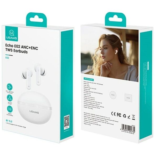 Ακουστικά Bluetooth USAMS Echo E02 TWS ANC+ENC ασύρματα λευκά