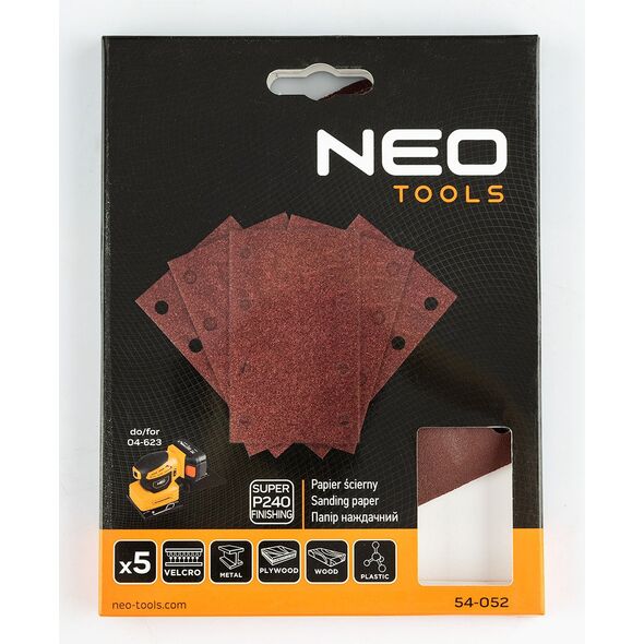 Papiery ścierne na rzep, prostokąt  80 x 130 mm, P240, 5 szt., z 8 otworami do 04-623