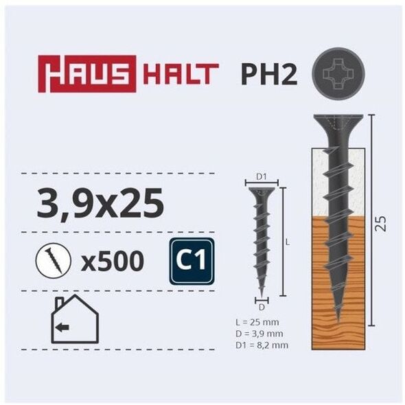 ΒΙΔΑ ΓΥΨΟΣΑΝΙΔΑΣ ΓΙΑ ΞΥΛΟ 3.9X25 (500)