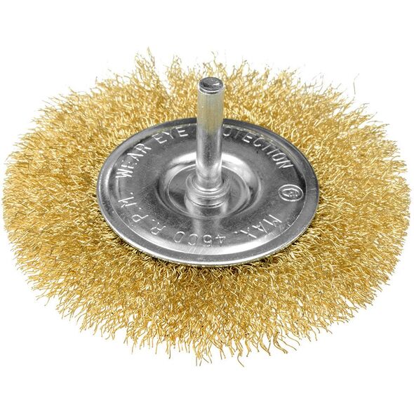 Szczotka druciana tarczowa 100 mm, drut karbowany, mosiądzowany, z trzpieniem 6 mm