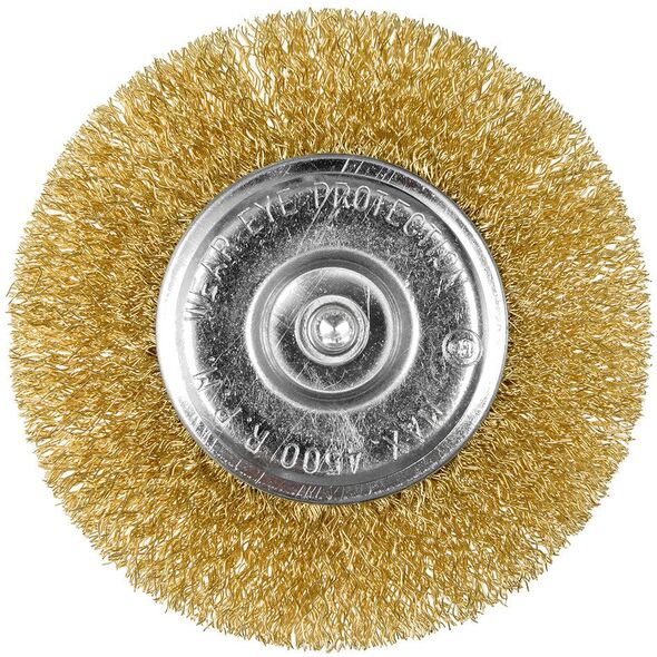 Szczotka druciana tarczowa 100 mm, drut karbowany, mosiądzowany, z trzpieniem 6 mm