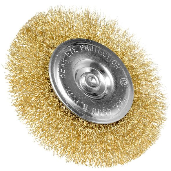 Szczotka druciana tarczowa 100 mm, drut karbowany, mosiądzowany, z trzpieniem 6 mm