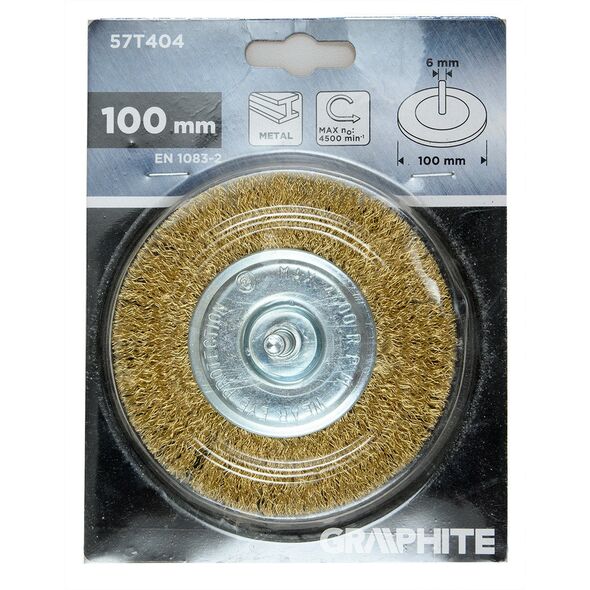 Szczotka druciana tarczowa 100 mm, drut karbowany, mosiądzowany, z trzpieniem 6 mm