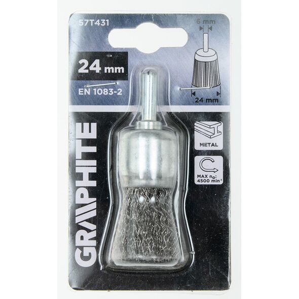 Szczotka druciana pędzelkowa 24 mm, drut karbowany, stalowy, z trzpieniem 6 mm