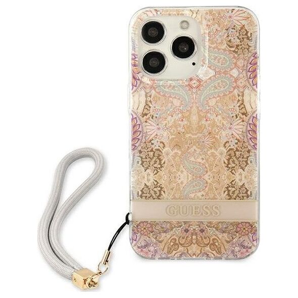 Guess Guess Flower Cord - Etui ze smyczką iPhone 13 Pro (Gold)