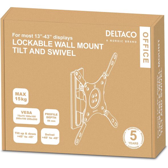 Deltaco Televizoriaus/monitoriaus sieninis laikiklis DELTACO keturračiams/kemperiams ir priekaboms, aliuminis, pasukamas, pakreipiamas, rakinamas, 13"-43", VESA, juodas/ ARM-0265