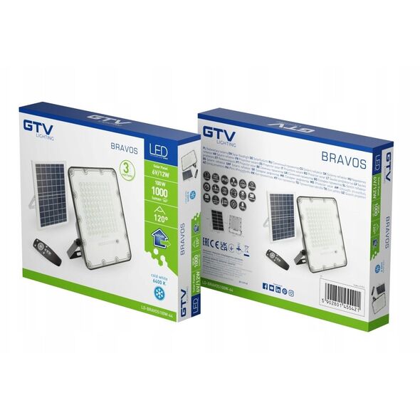LED floodlight GTV BRAVOS solar rechargeable IP65 100W 6400K 1000lm 120degwith remote control