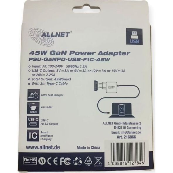 UPS Allnet Z ALLNET Ersatznetzteil QC USB-C PD GaN Netzteil Power Supply45Watt 1x USB Typ-C mit 2m festem Kabel**EU PLUG**
