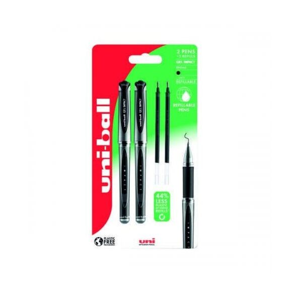 Uni-ball Gel Impact 153 2stk Sorte Gel Rollerpenne +2stk refills, stregbredde 1,0mm