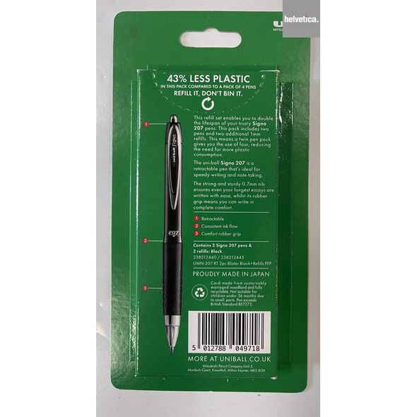 Uni-ball Signo 207 fine  2stk Sorte rollerpenne+ 2stk refills. Med behageligt gummigreb, stregbredde 0,5mm