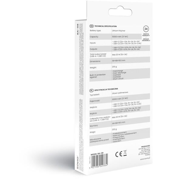SAVIO BA-08 POWERBANK 10000 mAh, czarny