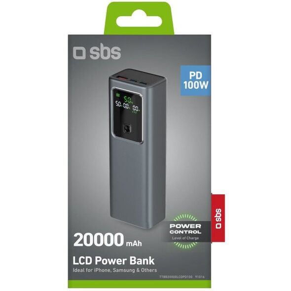 Powerbank SBS 20000mAh PD 100W z wyświetlaczem LCD - szary
