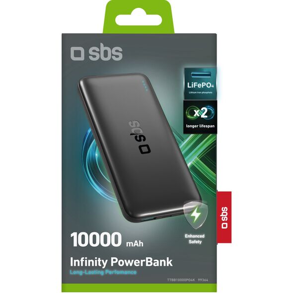 Powerbank SBS Infinity 10000mAh 10W LiFePo₄ USB-A USB-C - czarny