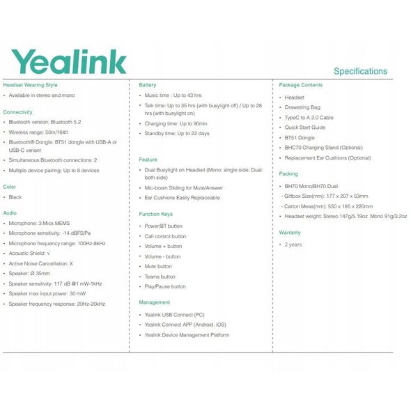 YEALINK BH70 Dual Teams USB-C-A mit Staender