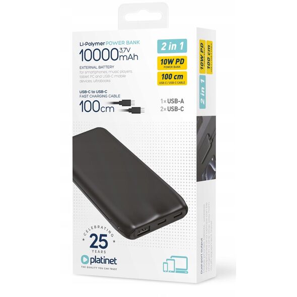 PLATINET POWER BANK 10000 mAh 3,7V 37Wh 12W 2x USB-C 1x USB-A BLACK [46031]