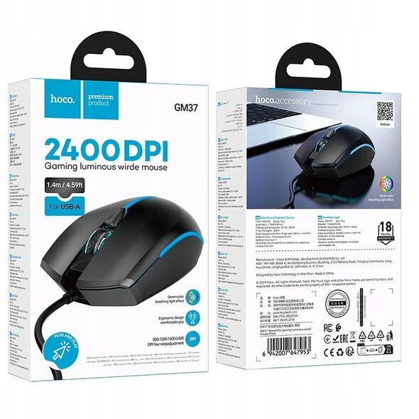 Myszka przewodowa gamingowa Hoco USB A 2400 dpi GM37 czarna