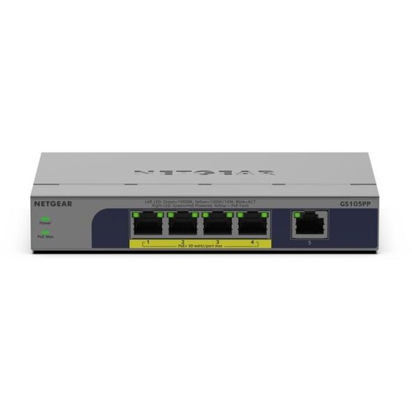 NETGEAR GS105PP - Διακόπτης - μη διαχειριζόμενος - 1 x 10/100/1000 + 4 x 10/100/1000 (PoE+) - Επιτραπέζιος, τοποθετήσιμος σε τοίχο - PoE+ (83 W)