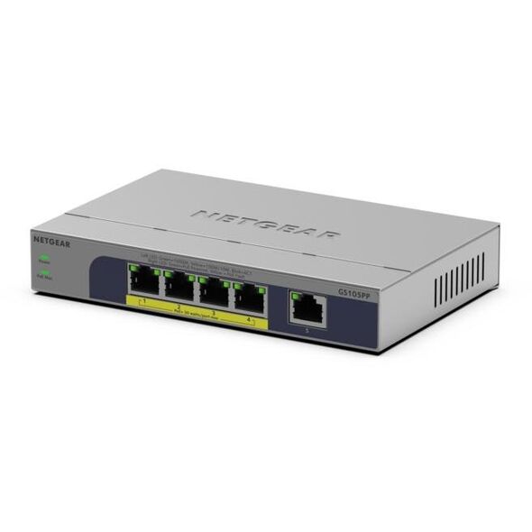 NETGEAR GS105PP - Διακόπτης - μη διαχειριζόμενος - 1 x 10/100/1000 + 4 x 10/100/1000 (PoE+) - Επιτραπέζιος, τοποθετήσιμος σε τοίχο - PoE+ (83 W)