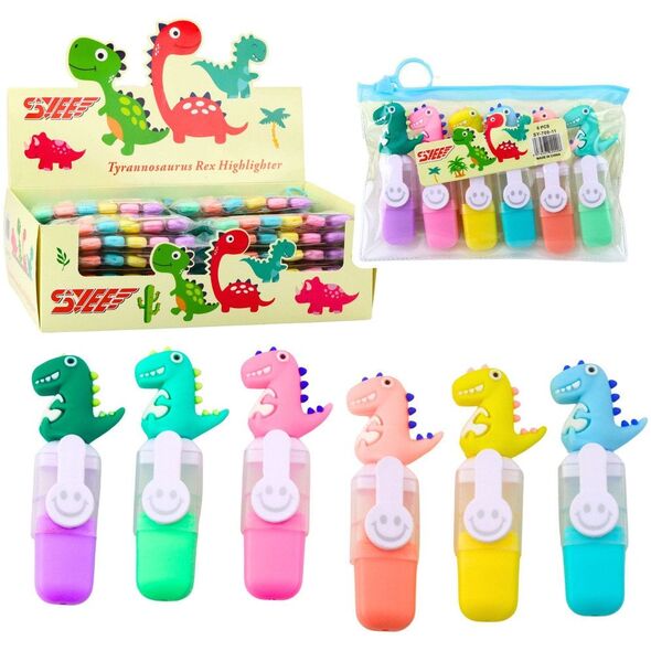 Zestaw Mini Zakreślacze Z Dinozaurem W Etui Kolorowe 6szt 8cm