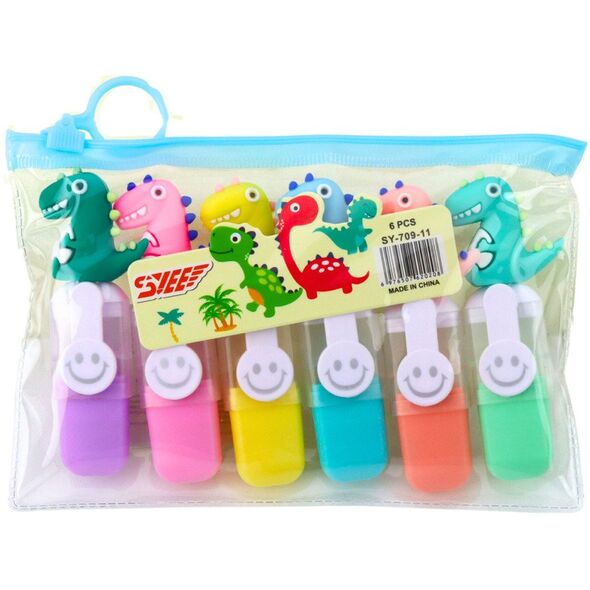 Zestaw Mini Zakreślacze Z Dinozaurem W Etui Kolorowe 6szt 8cm