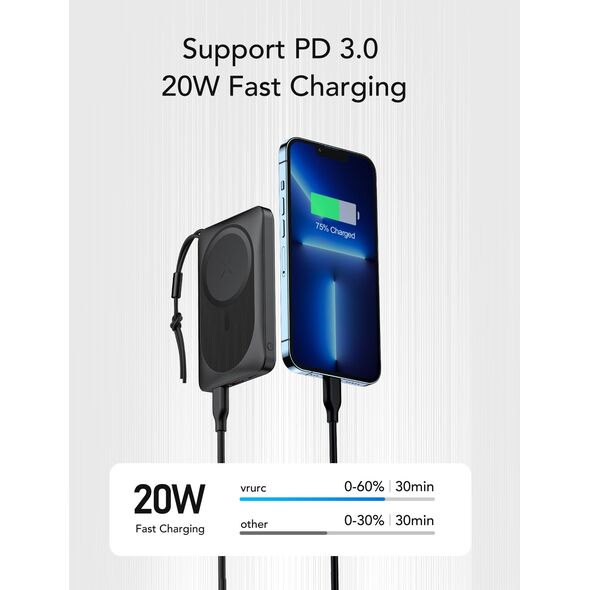 VEGER powerbank 10000 mAh z ładowaniem indukcyjnym kompatybilny z MagSafe PD QC3.0 2A 20W MagOn (VP1151 / W1151) czarny