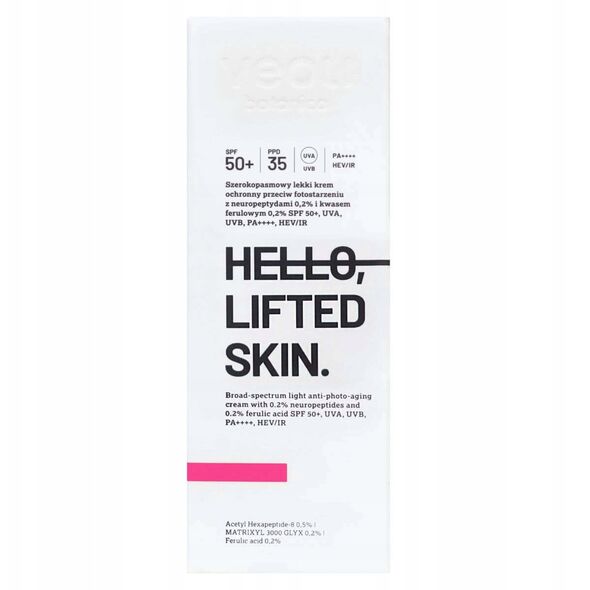 VEOLI BOTANICA_Hello Lifted Skin szerokopasmowy lekki krem ochronny przeciw fotostarzeniu z Neuropeptydami 0,2% i Kwasem Ferulowym 0,2% SPF50+ 50ml