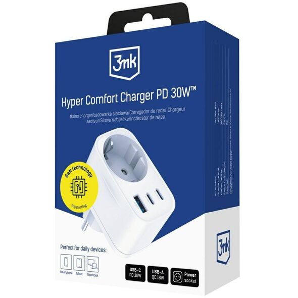 Adapter sieciowy 3MK Hyper Comfort       Charger 30W 1xUSB-A 2xUSB-C 1xSchuko PD QC3.0 biały