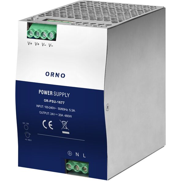 Zasilacz przemysłowy, na szynę DIN, 24VDC, 20A, 480W, w metalowej obudowie