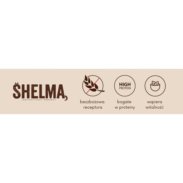 SHELMA saszetka - pełnoporcjowa bezzbożowa karma dla dorosłych kotów. Z kurczakiem, wołowiną, indykiem, kaczką 12x 85 g